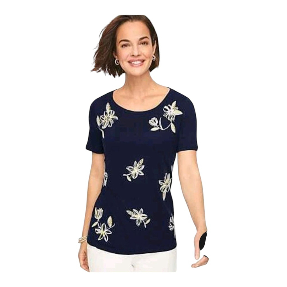 Talbots Womens T-Shirt Blue/White Floral Scoop Neck Cotton Blend Size XLP